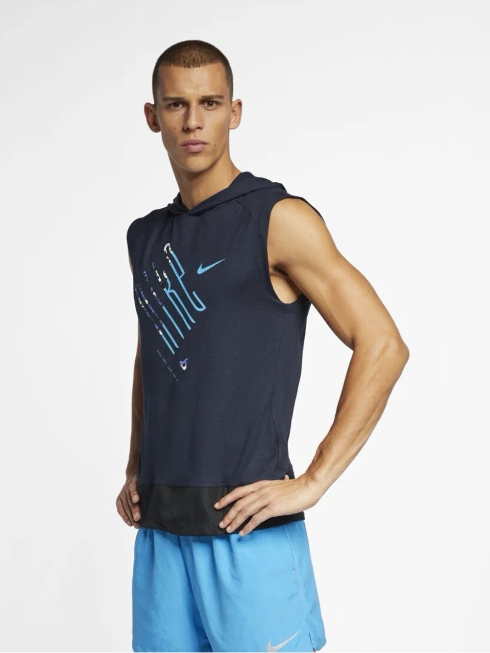 Nike Men’s Navy Hooded Sleeveless Top with Light Blue Logo